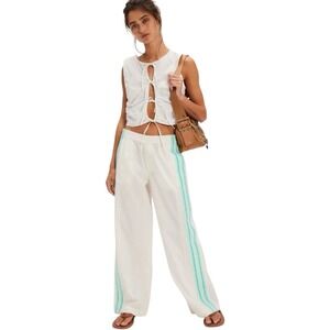 Free People Team Spirit Mid Rise Wide Leg Track Pants White / Aqua Size‎ XS New